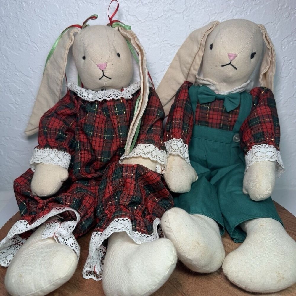 Vintage Cotton Christmas‎ Bunny Dolls Boy Girl Plaid Outfit 17" Decorative Pair